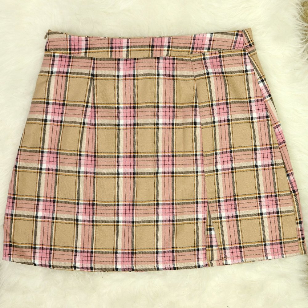 Pink & Tan Plaid Front Slit Mini Skirt